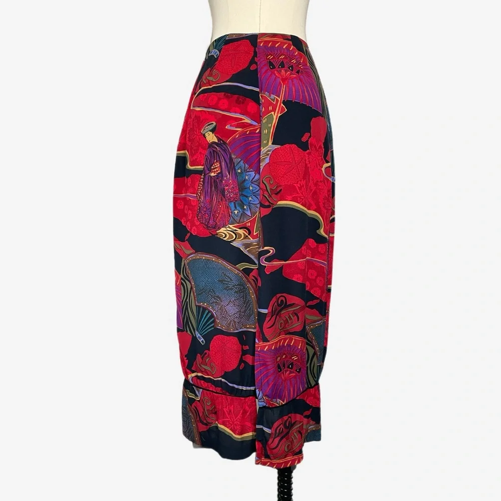Vintage 90s Clio Red geisha graphic printed ruffle hem midi skirt eclectic XS/S
